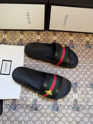 Gucci Bee-Embellished Web Stripe Slide Black Green Leather-Like Upper Strap Slippers 4