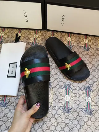 Gucci Bee-Embellished Web Stripe Slide Black Green Leather-Like Upper Strap Slippers 5