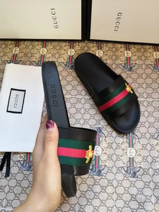 Gucci Bee-Embellished Web Stripe Slide Black Green Leather-Like Upper Strap Slippers 6
