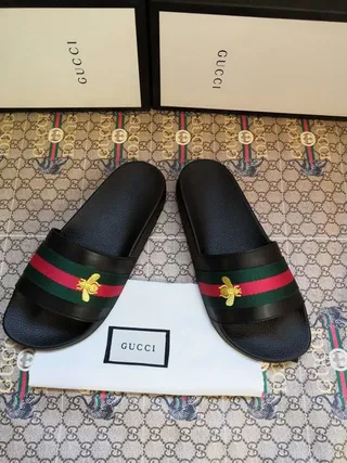 Gucci Bee-Embellished Web Stripe Slide Black Green Leather-Like Upper Strap Slippers 7