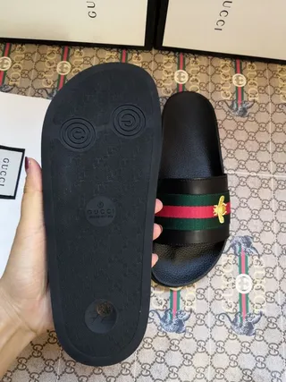Gucci Bee-Embellished Web Stripe Slide Black Green Leather-Like Upper Strap Slippers 9