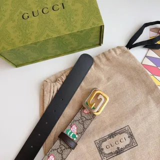 Gucci Beige Black GG Monogram Canvas Embroidered Bee Motif Leather Belt