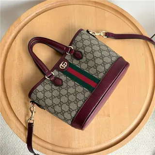 Gucci Beige Brown GG Monogram Canvas Web Stripe Accent Bucket Bag 6