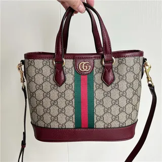 Gucci Beige Brown GG Monogram Canvas Web Stripe Accent Bucket Bag 8