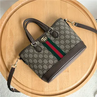 Gucci Beige Brown GG Monogram Canvas Web Stripe Accent Bucket Bag 13