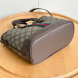 Gucci Beige Brown GG Monogram Canvas Web Stripe Accent Bucket Bag 19