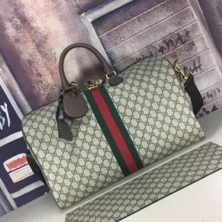 Gucci Beige Red GG Monogram Canvas Web Stripe Boston Bag