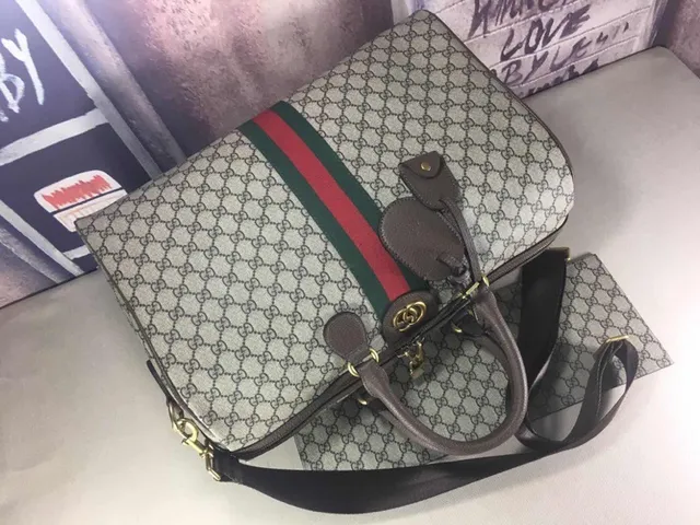 Gucci Beige Red GG Monogram Canvas Web Stripe Boston Bag 4