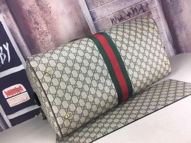 Gucci Beige Red GG Monogram Canvas Web Stripe Boston Bag 5