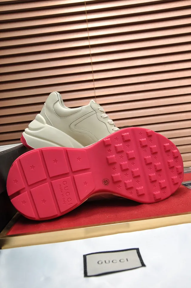 Gucci Beige Red Sole Leather Upper Chunky Sneakers 2