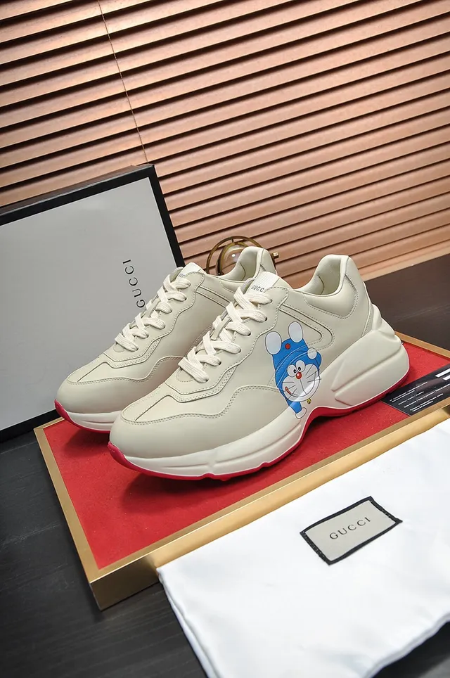 Gucci Beige Red Sole Leather Upper Chunky Sneakers 4