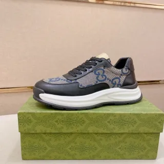 Gucci Black Beige Monogrammed Canvas Leather Overlays Chunky Sneakers