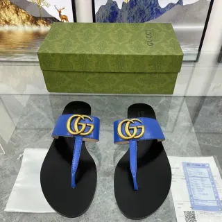 Gucci Black Blue Interlocking GG Buckle Leather Strap Casual Sandals