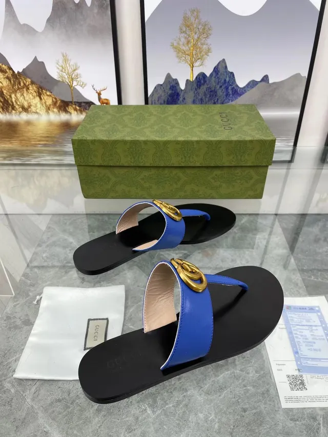 Gucci Black Blue Interlocking GG Buckle Leather Strap Casual Sandals 2