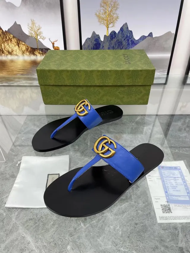 Gucci Black Blue Interlocking GG Buckle Leather Strap Casual Sandals 3