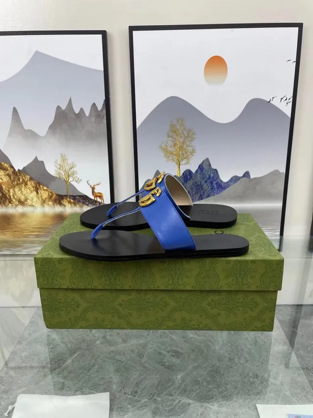 Gucci Black Blue Interlocking GG Buckle Leather Strap Casual Sandals 5