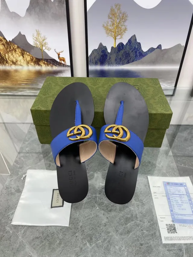 Gucci Black Blue Interlocking GG Buckle Leather Strap Casual Sandals 6