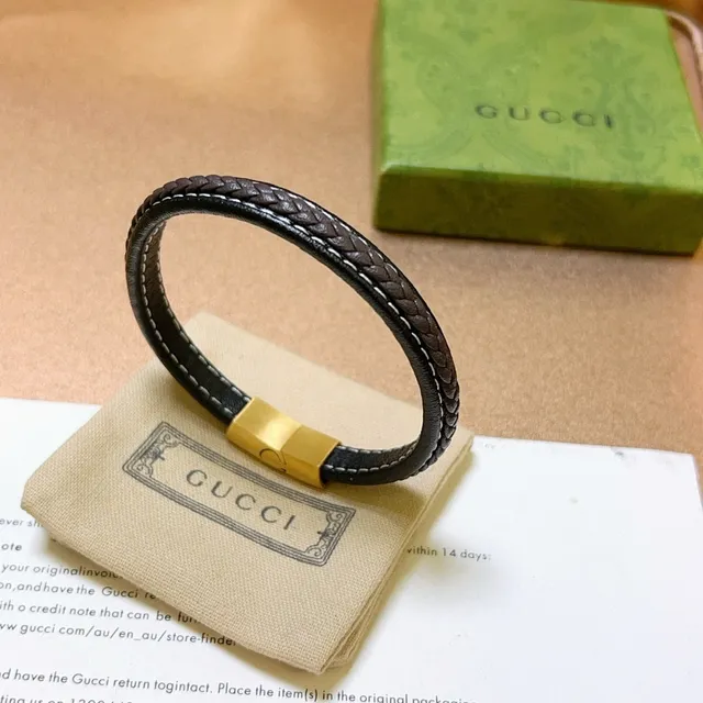 Gucci Bracelet en Cuir Tressé Noir et Or avec Fermoir Magnétique 7