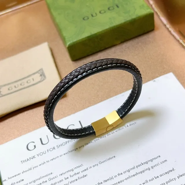 Gucci Bracelet en Cuir Tressé Noir et Or avec Fermoir Magnétique 9