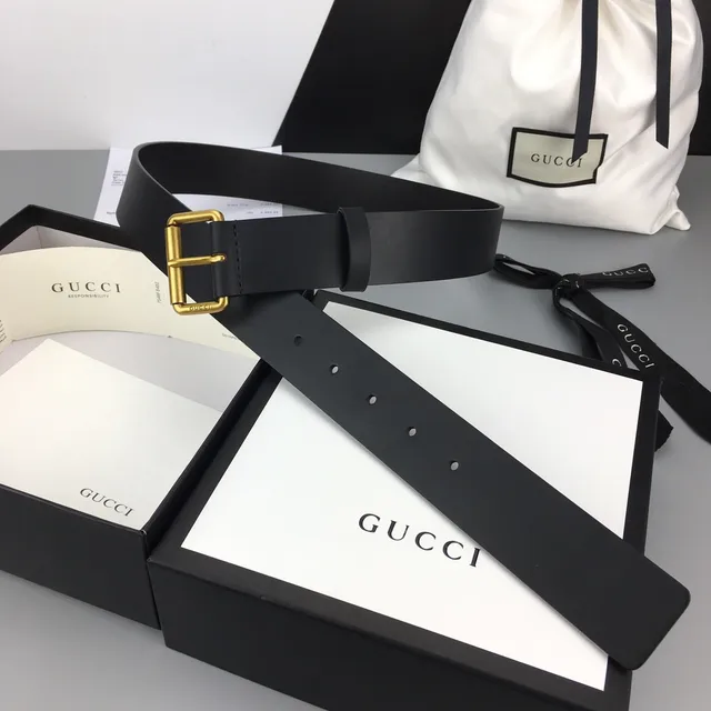 Gucci Black Gold Smooth Rectangular Buckle Leather Belt 2