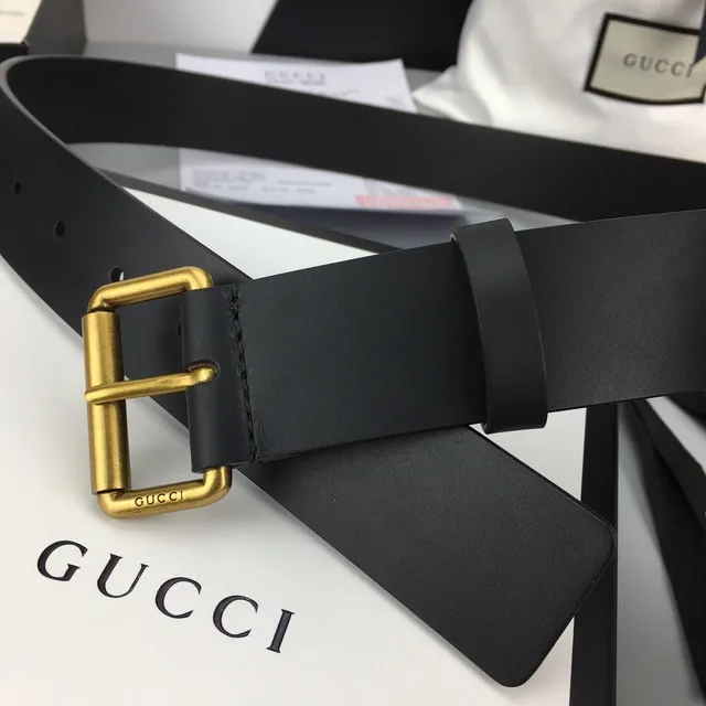 Gucci Black Gold Smooth Rectangular Buckle Leather Belt 5