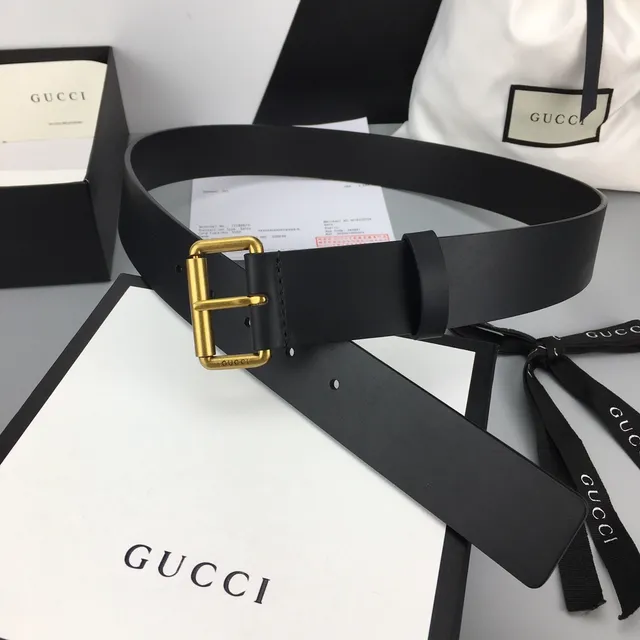 Gucci Black Gold Smooth Rectangular Buckle Leather Belt 6