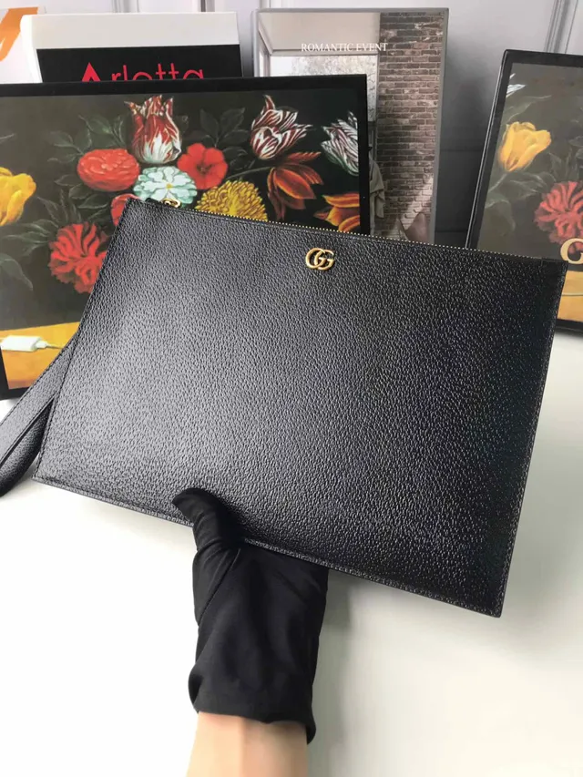 Gucci Noir Or Cuir texturé granité entrelacé G logo sac à poignet 7