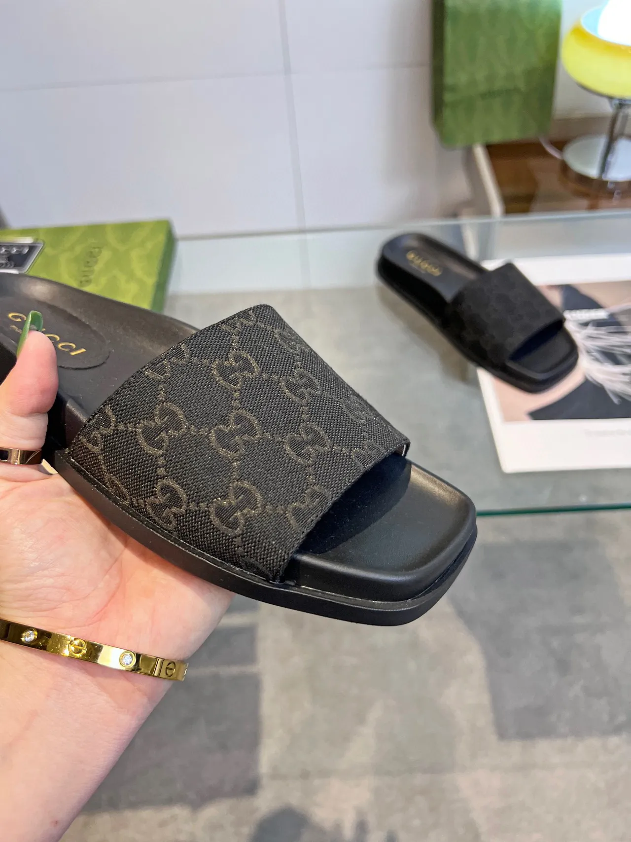 Gucci Black Gray Flat Sole GG Monogram Strap Slippers 2