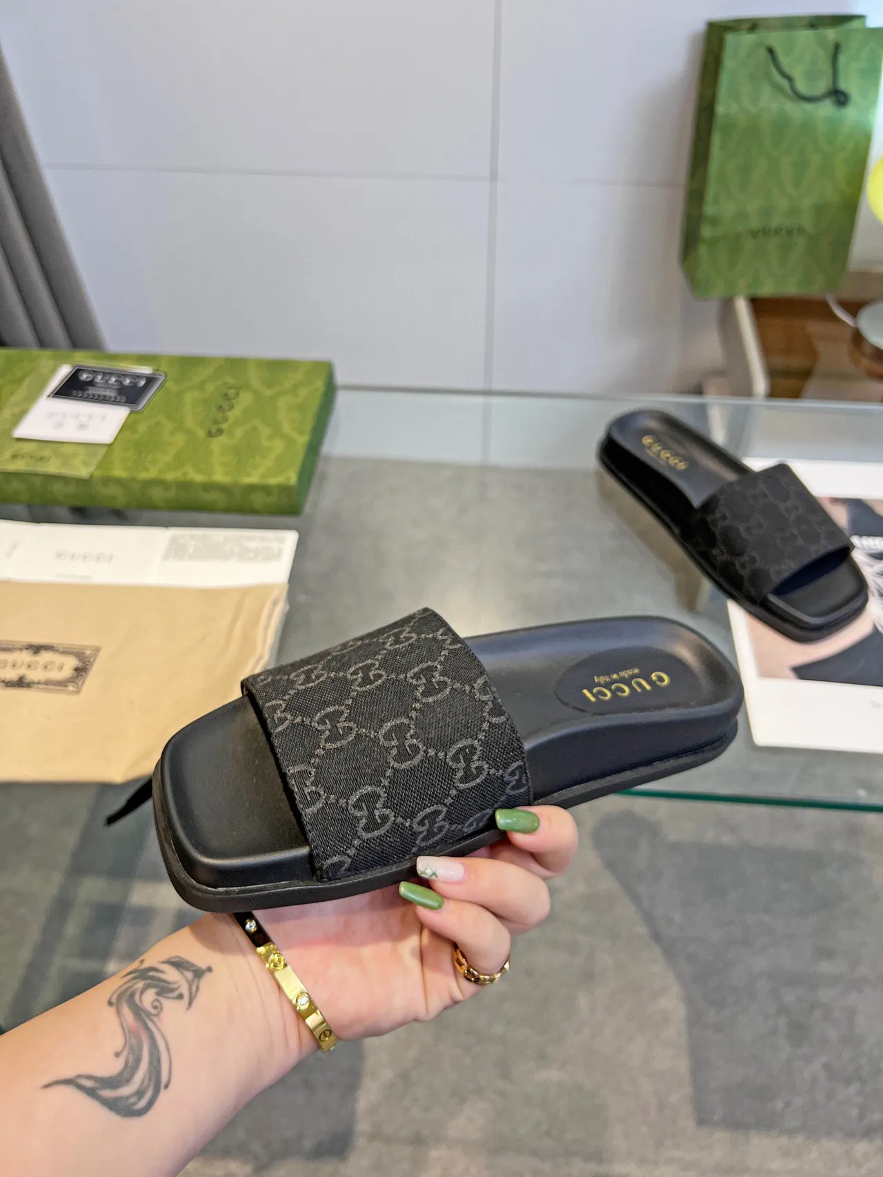 Gucci Black Gray Flat Sole GG Monogram Strap Slippers 3