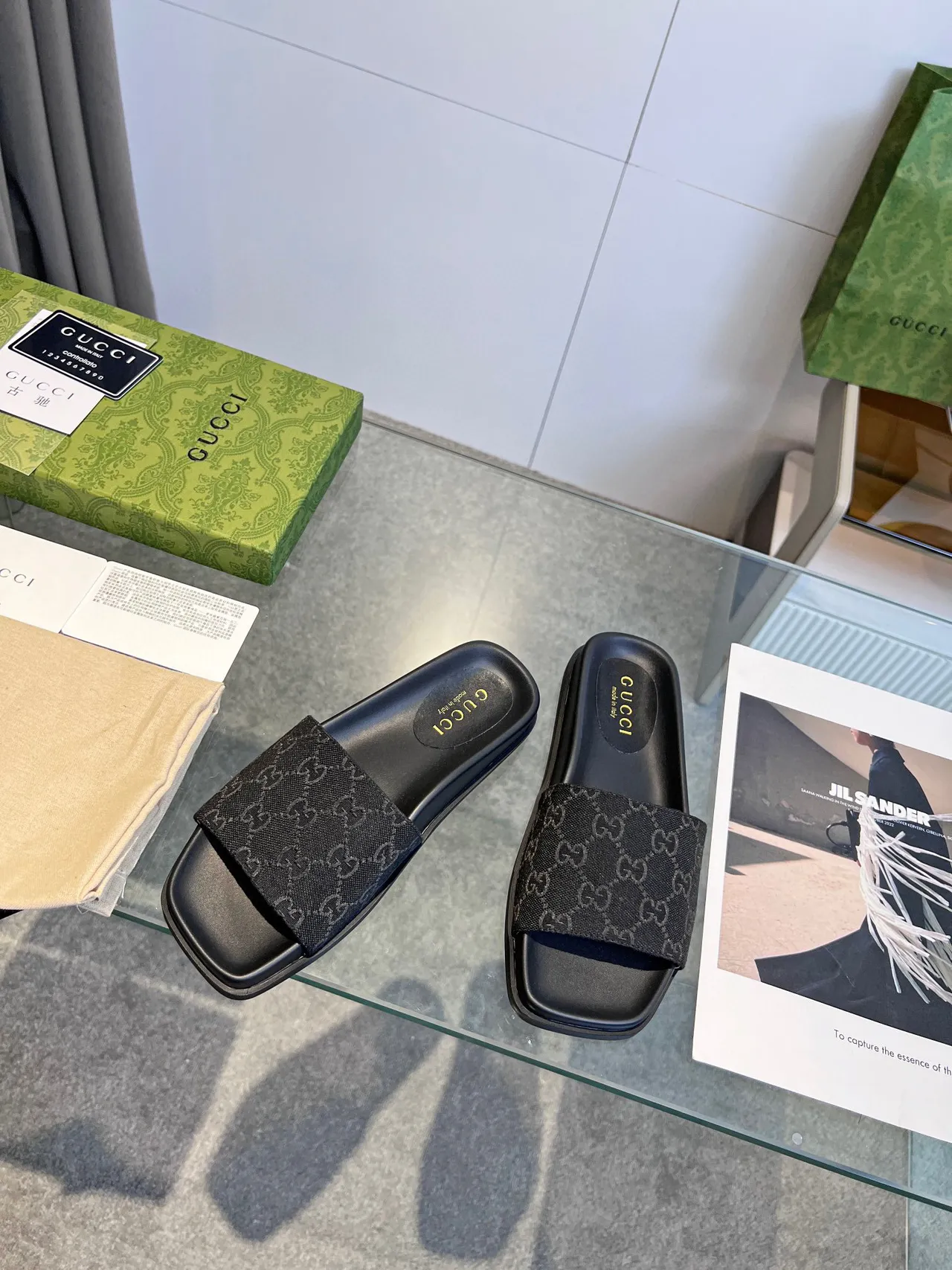 Gucci Black Gray Flat Sole GG Monogram Strap Slippers 4
