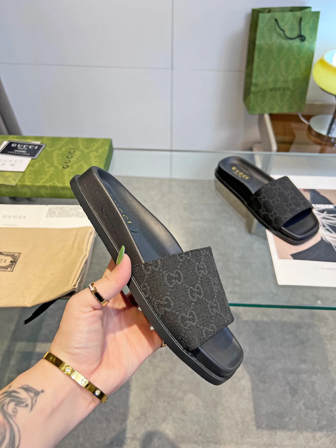 Gucci Black Gray Flat Sole GG Monogram Strap Slippers 5