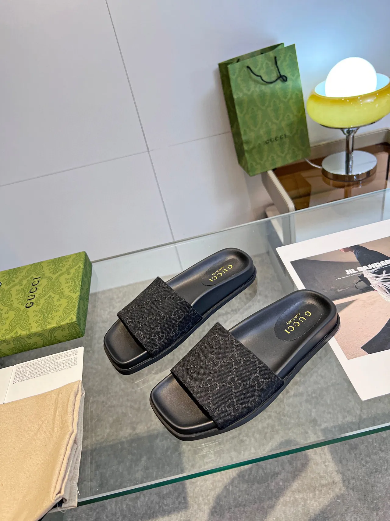 Gucci Black Gray Flat Sole GG Monogram Strap Slippers 7