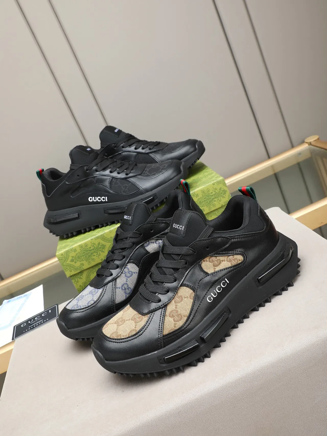 Gucci Black Green Leather-and-Mesh Upper Bold Side Logo Sneakers 2