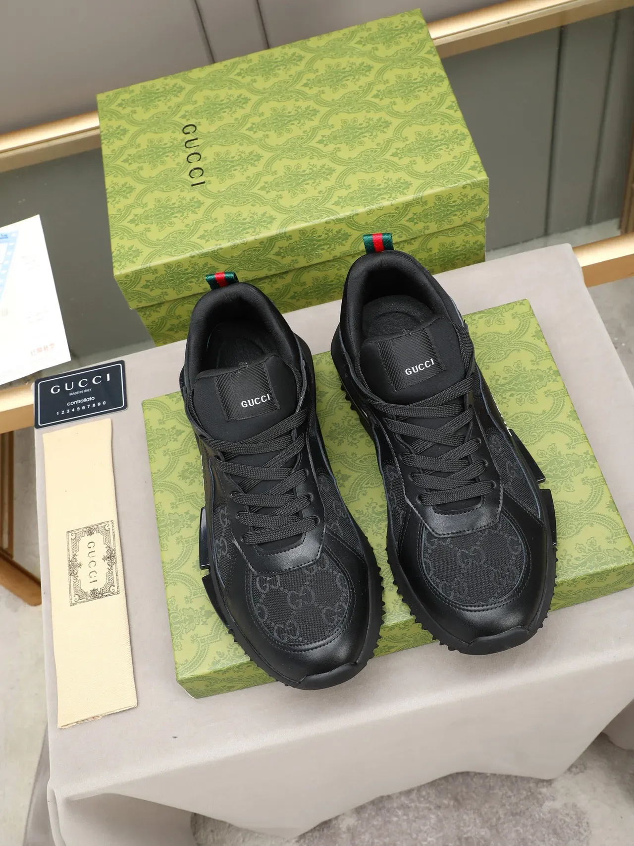 Gucci Black Green Leather-and-Mesh Upper Bold Side Logo Sneakers 3