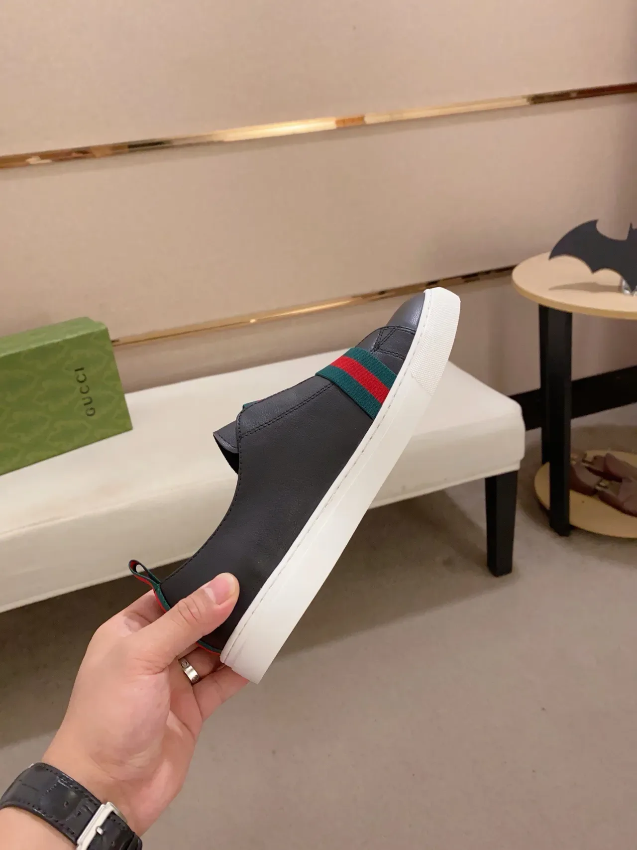Gucci Black Green Slip-On Leather Upper Lifestyle Sneakers 6