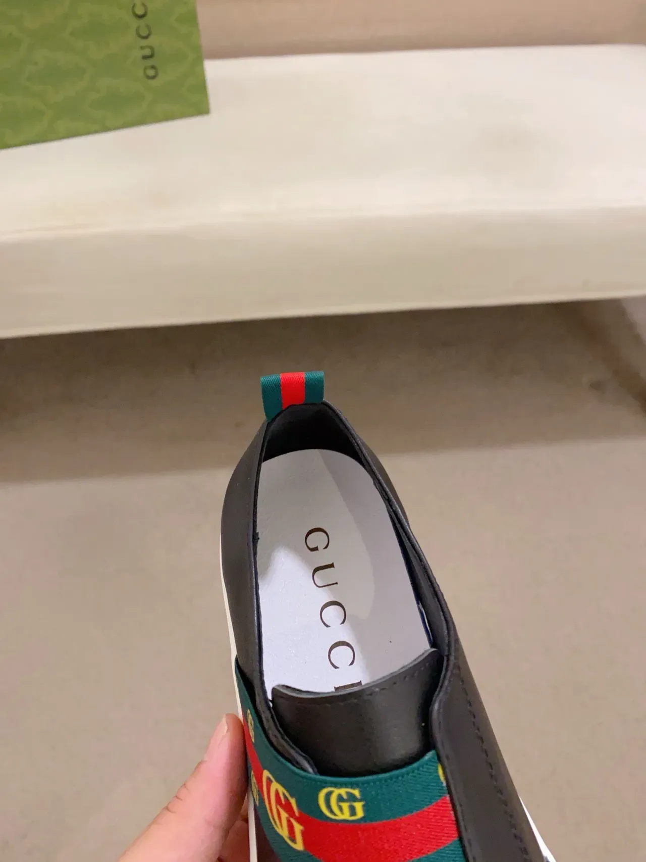 Gucci Black Green Slip-On Leather Upper Lifestyle Sneakers 7