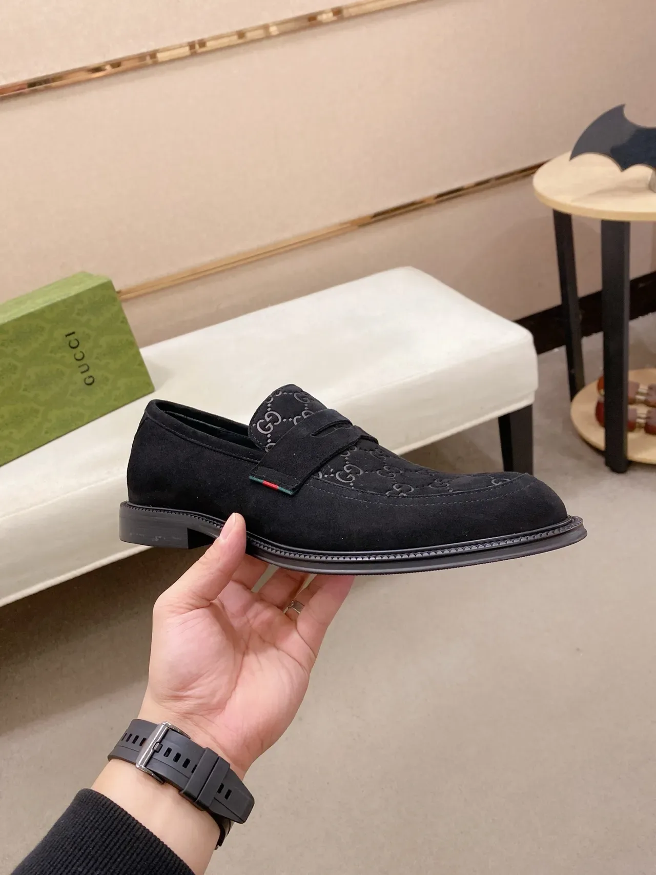 Gucci Black Green Suede Upper GG Monogram Print Loafer 4