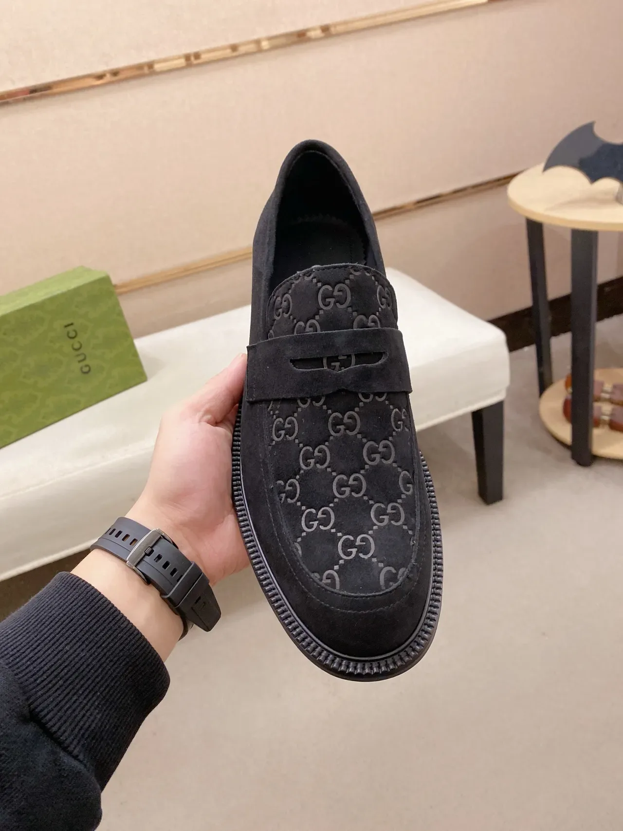 Gucci Black Green Suede Upper GG Monogram Print Loafer 5