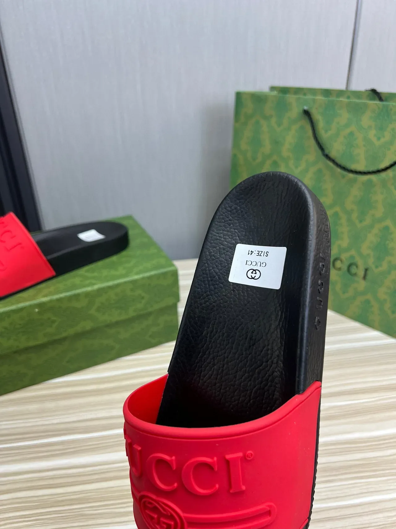 Gucci Black Red Molded Leather Footbed Bold Rubber Strap Slippers 3