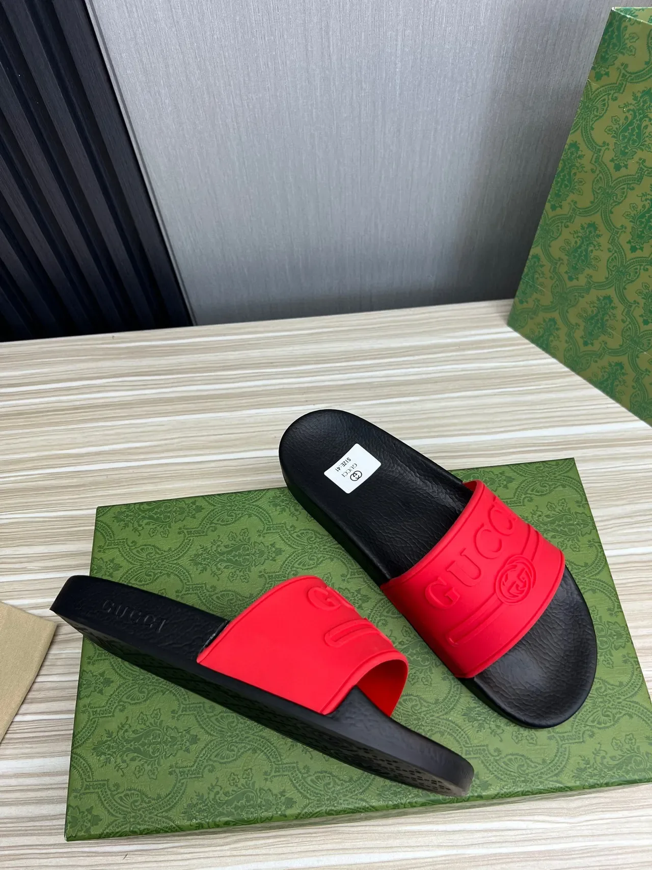 Gucci Black Red Molded Leather Footbed Bold Rubber Strap Slippers 5