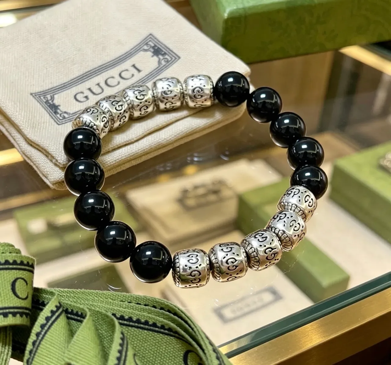 Gucci Black Silver Beaded Spherical Stones Bracelet 2