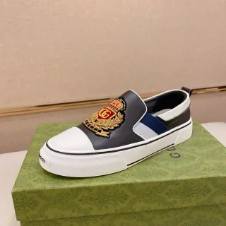 Gucci Black White Embroidered Crest Slip-On Construction Lifestyle Sneakers