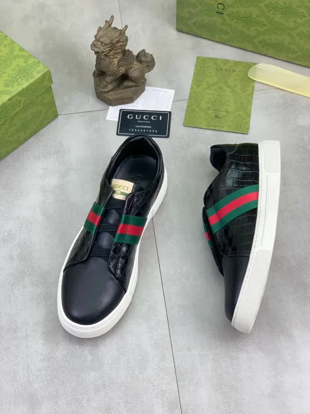 Gucci Black White Laceless Slip-On Croc-Embossed Leather Lifestyle Sneakers 6