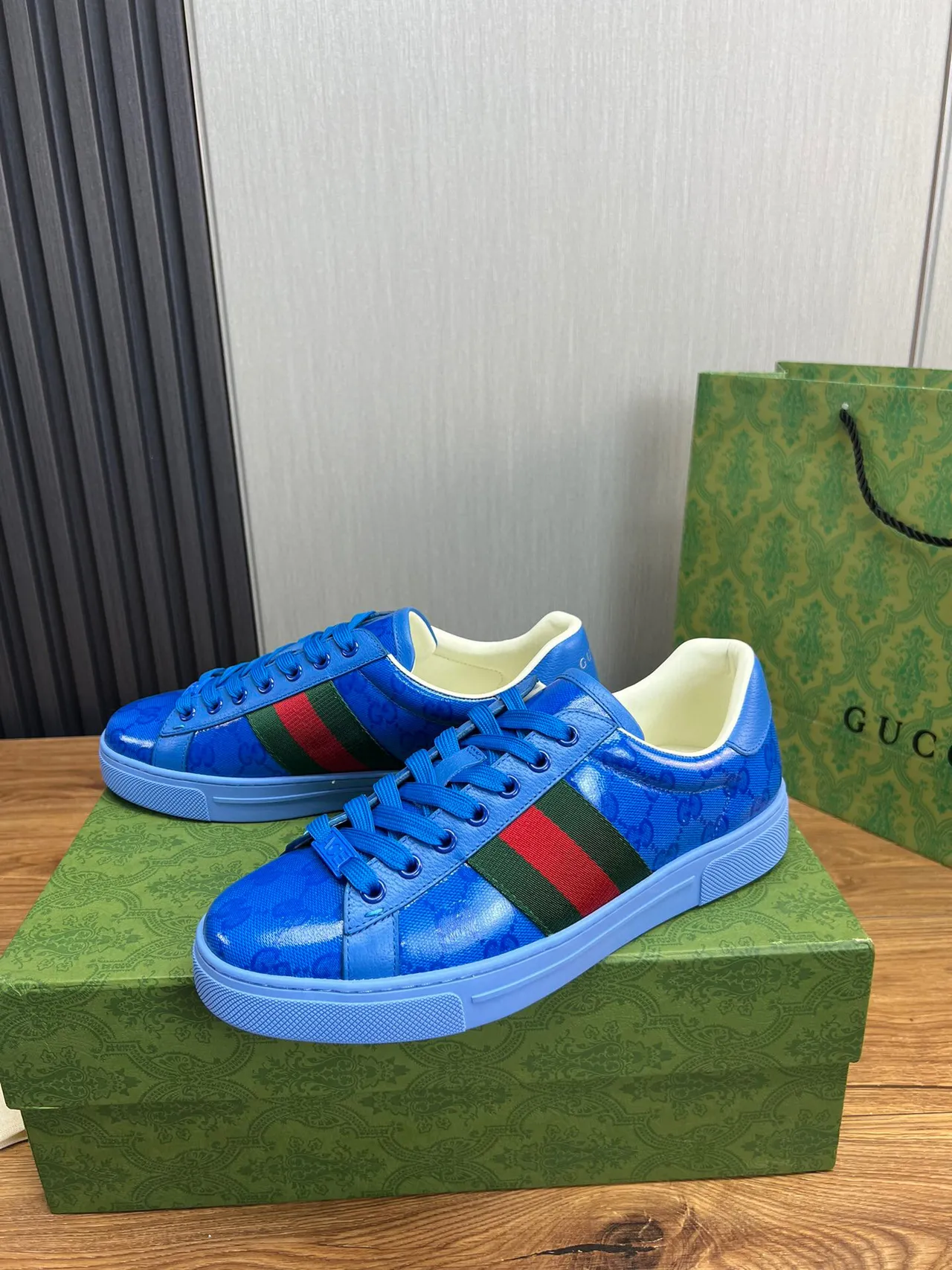 Gucci Blue Green GG Monogram Coated Canvas Web Stripe Lifestyle Sneakers 2