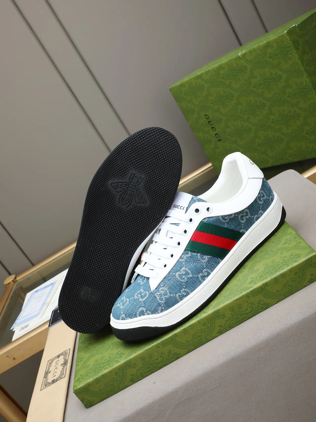 Gucci Blue White Denim Upper GG Monogram Jacquard Lifestyle Sneakers 4