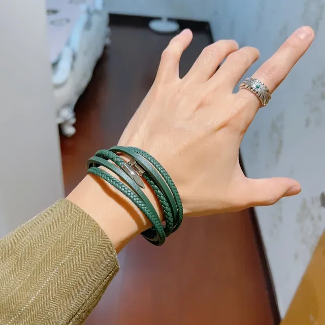 Gucci Braided Green Leather Multi-Wrap Bracelet 2