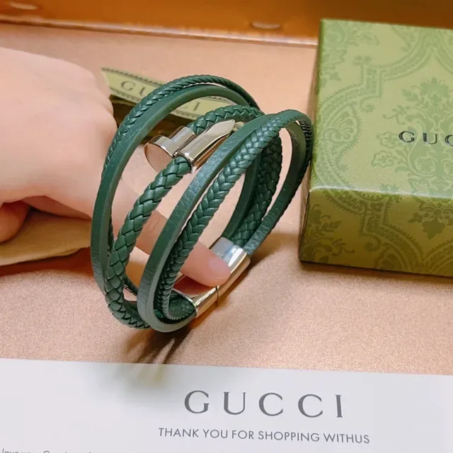 Gucci Braided Green Leather Multi-Wrap Bracelet 4