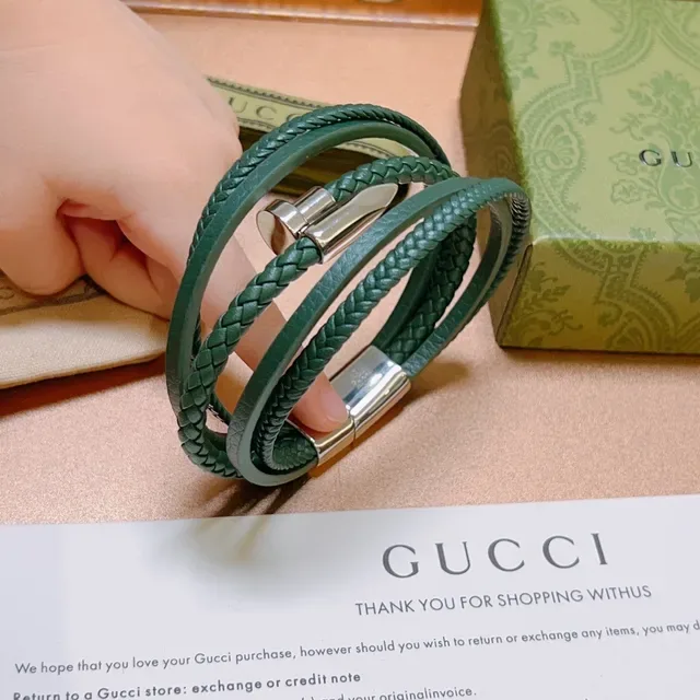 Gucci Braided Green Leather Multi-Wrap Bracelet 9