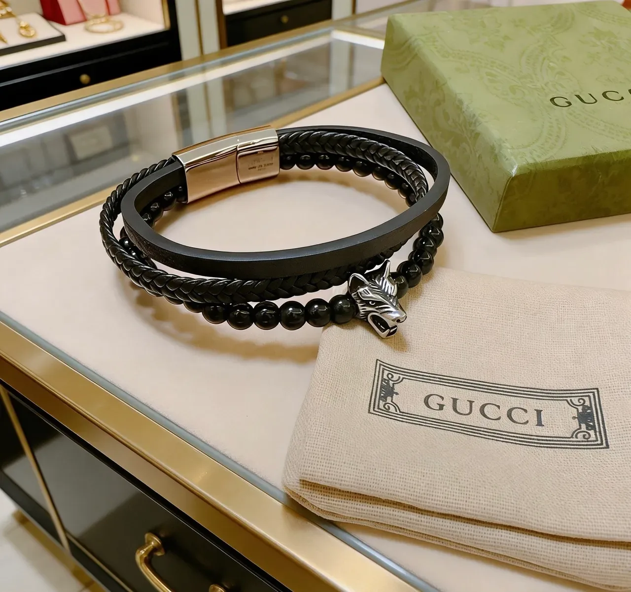 Gucci Braided Leather and Beaded Lion Head Bracelet 2