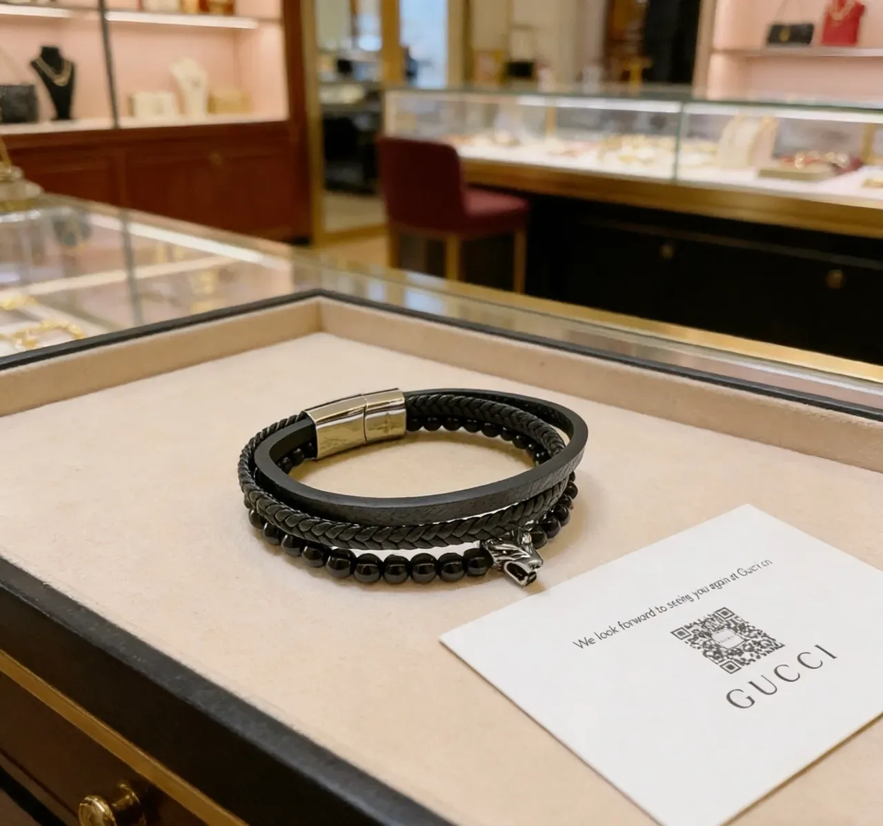 Gucci Braided Leather and Beaded Lion Head Bracelet 3